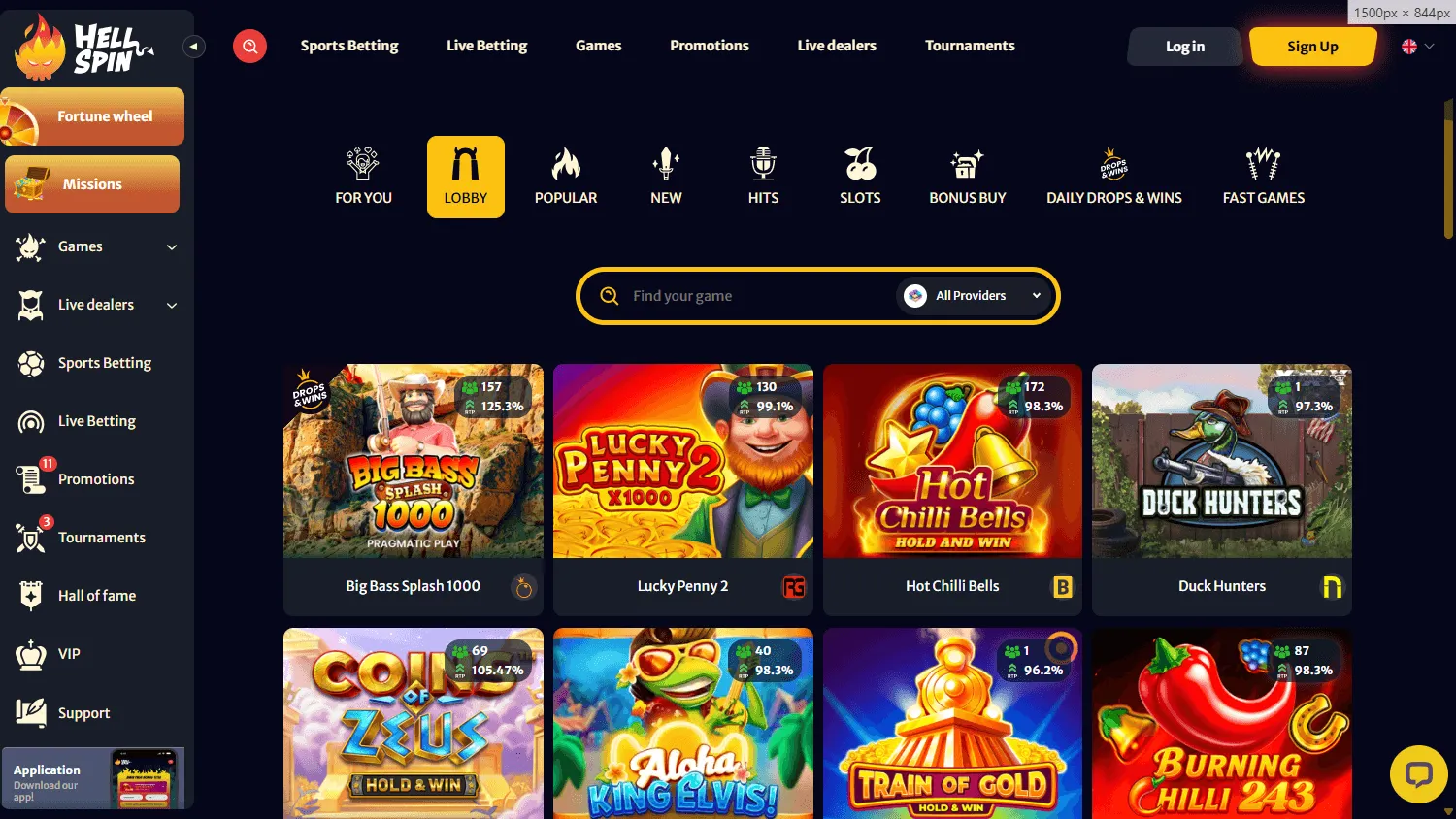 Hell Spin Casino games area on a desktop screen