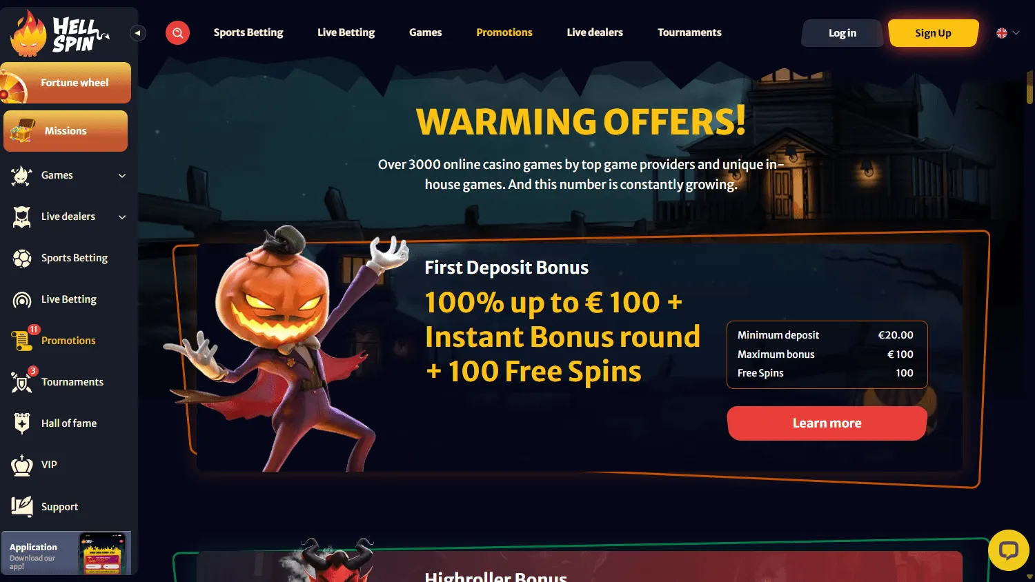 Hell Spin Casino promotions area on a desktop screen