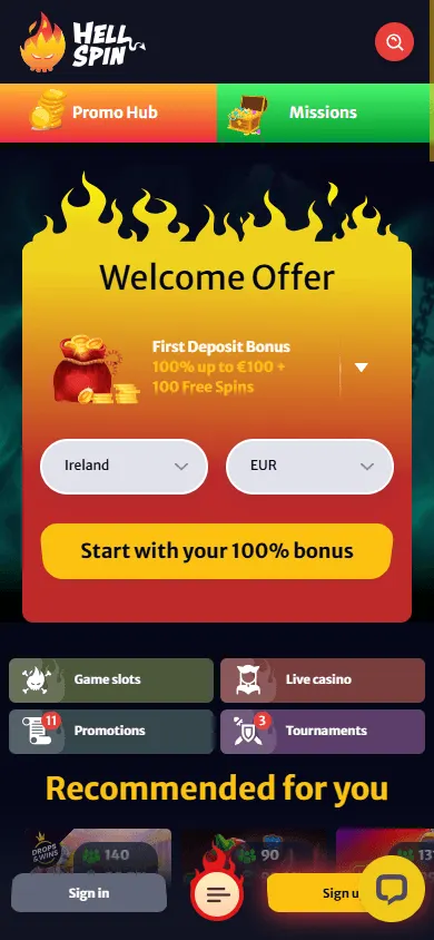 Hell Spin Casino home page on a mobile device