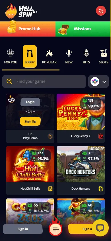 Hell Spin Casino games area on a mobile device