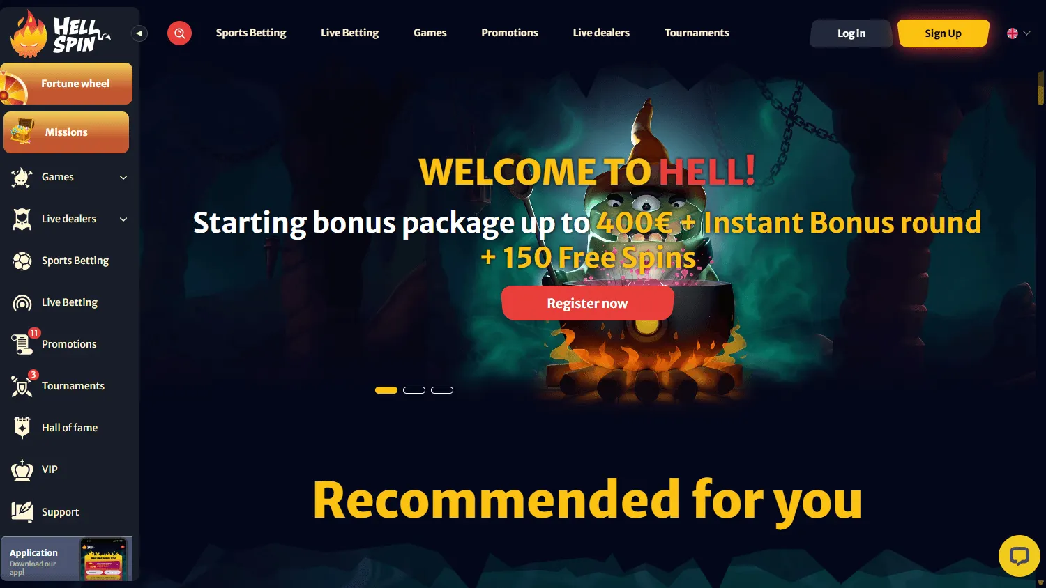 Hell Spin Casino home page on a desktop screen